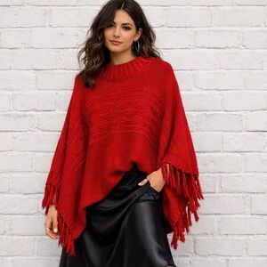 Carol Patterson Red Knit Sweater Poncho Fringe Oversized Boho Cozy Pullover o/s